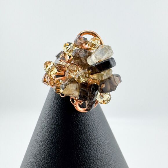 Vintage Rose Gold Wire Bead Stone Ring Chunky Handmade Artisan Bold Retro - Picture 3 of 8